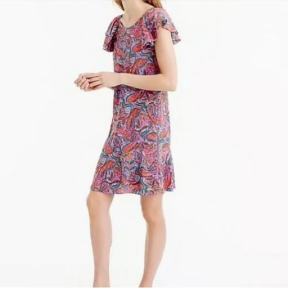 J. Crew Silk Dress Paisley Print Flounce Hem Pink Blue Size 4 - Picture 1 of 16